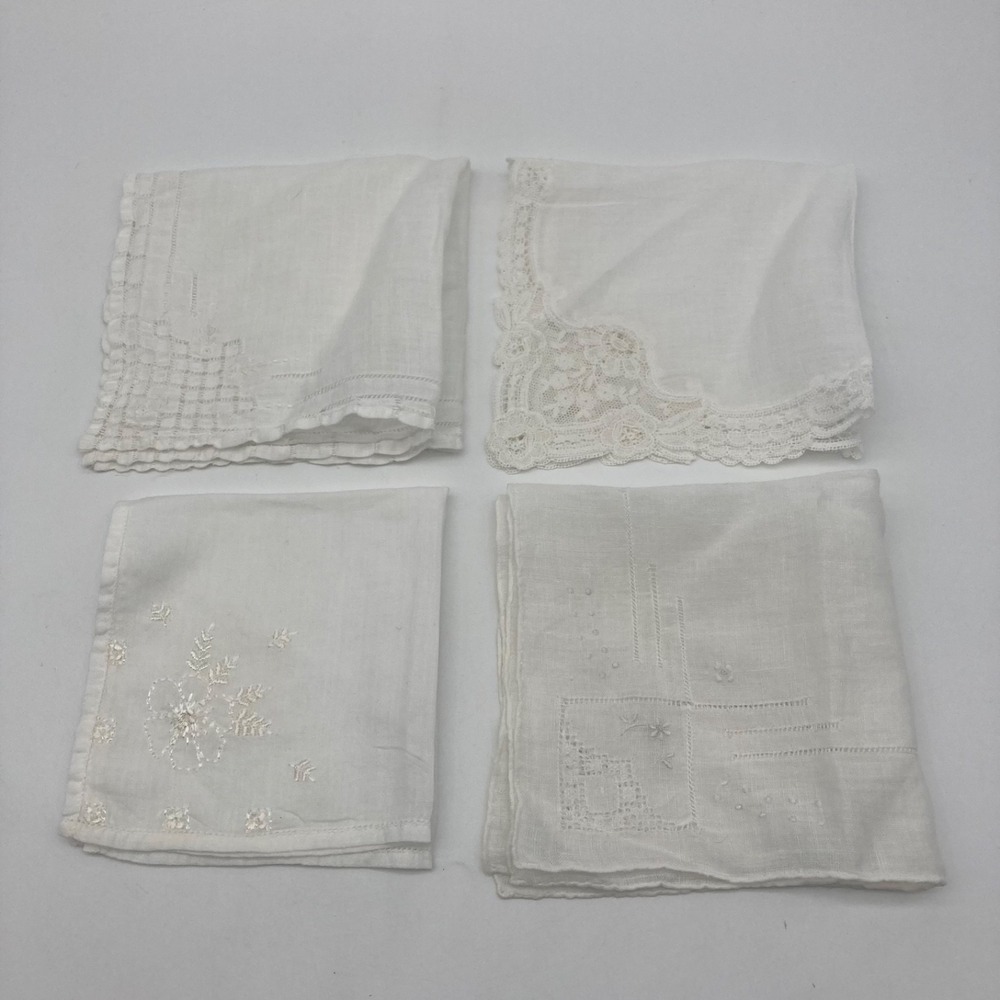 Lot 4 Vintage White Linen Handkerchiefs Lace Embroidered Drawn Thread Hankies